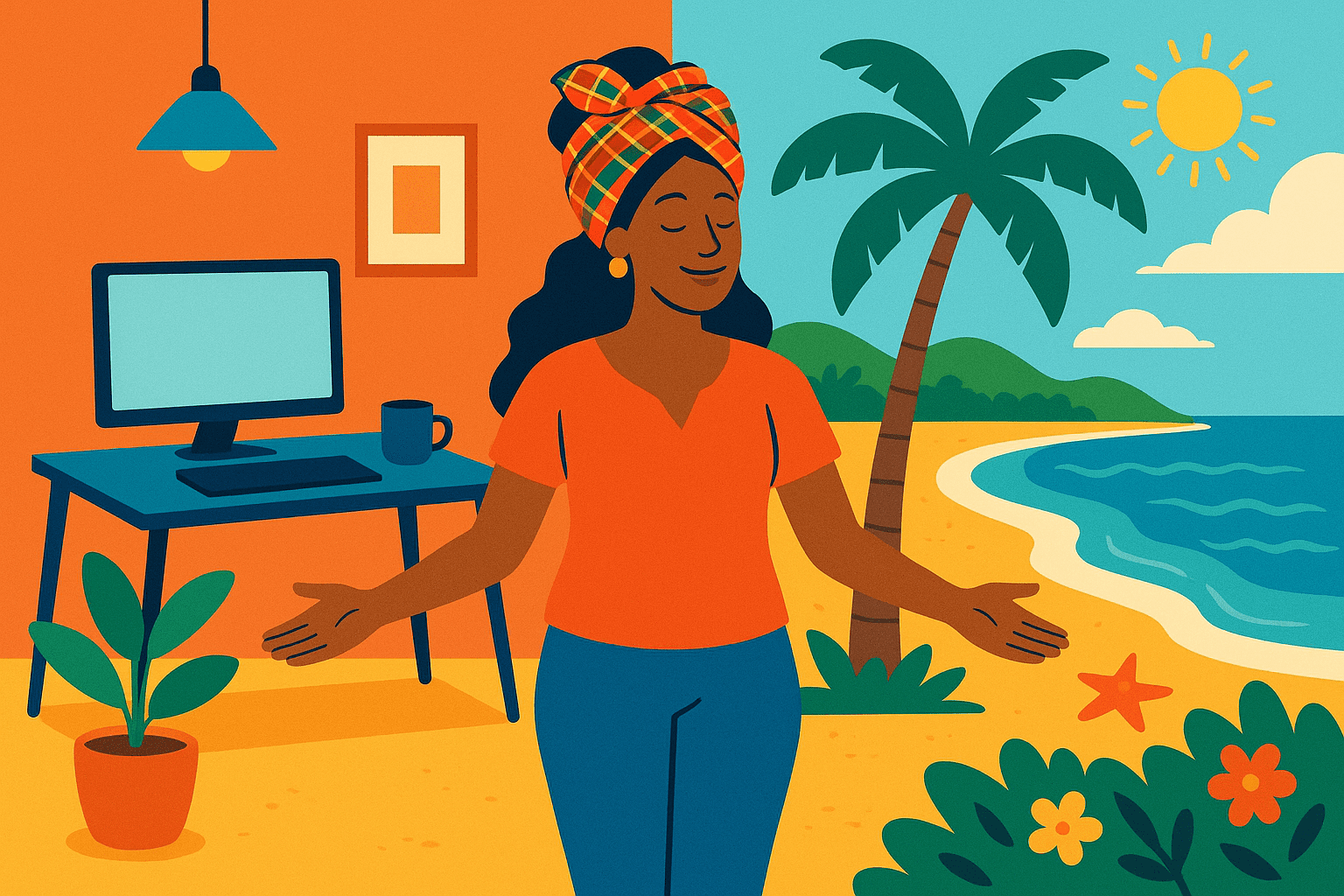 Équilibre entre vie professionnelle et bien-être personnel en Martinique, femme détendue face à la mer