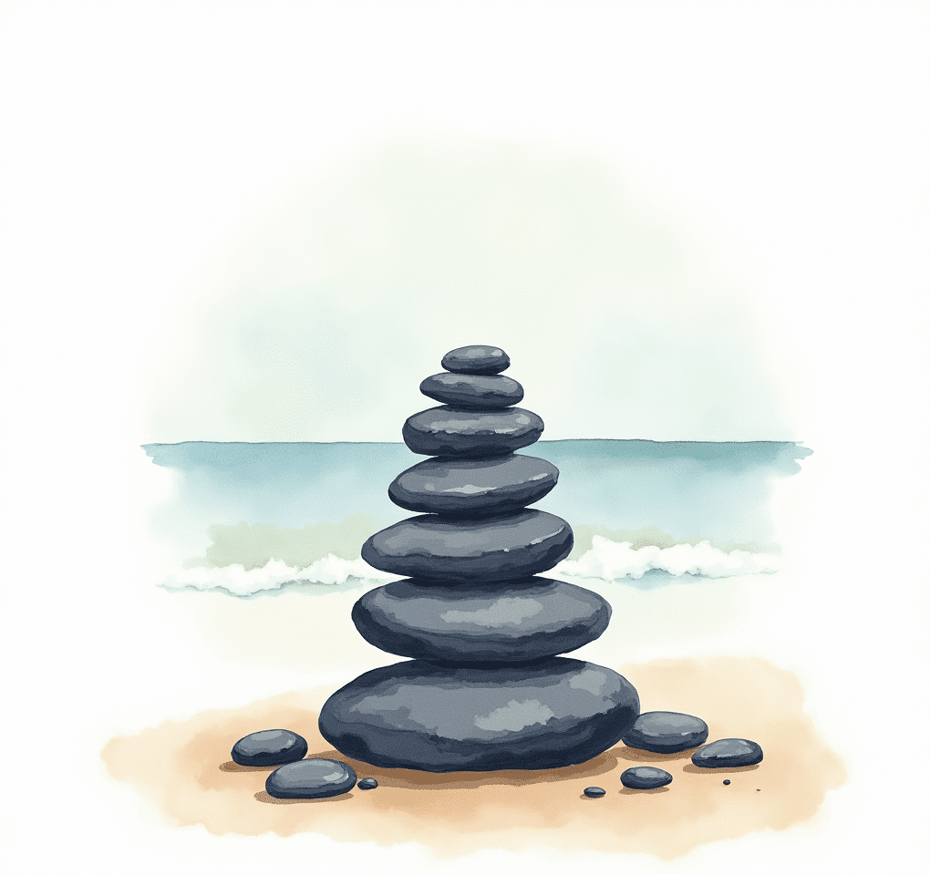 Empilement de pierres volcaniques en équilibre illustrant l'approche holistique du bien-être tropical.