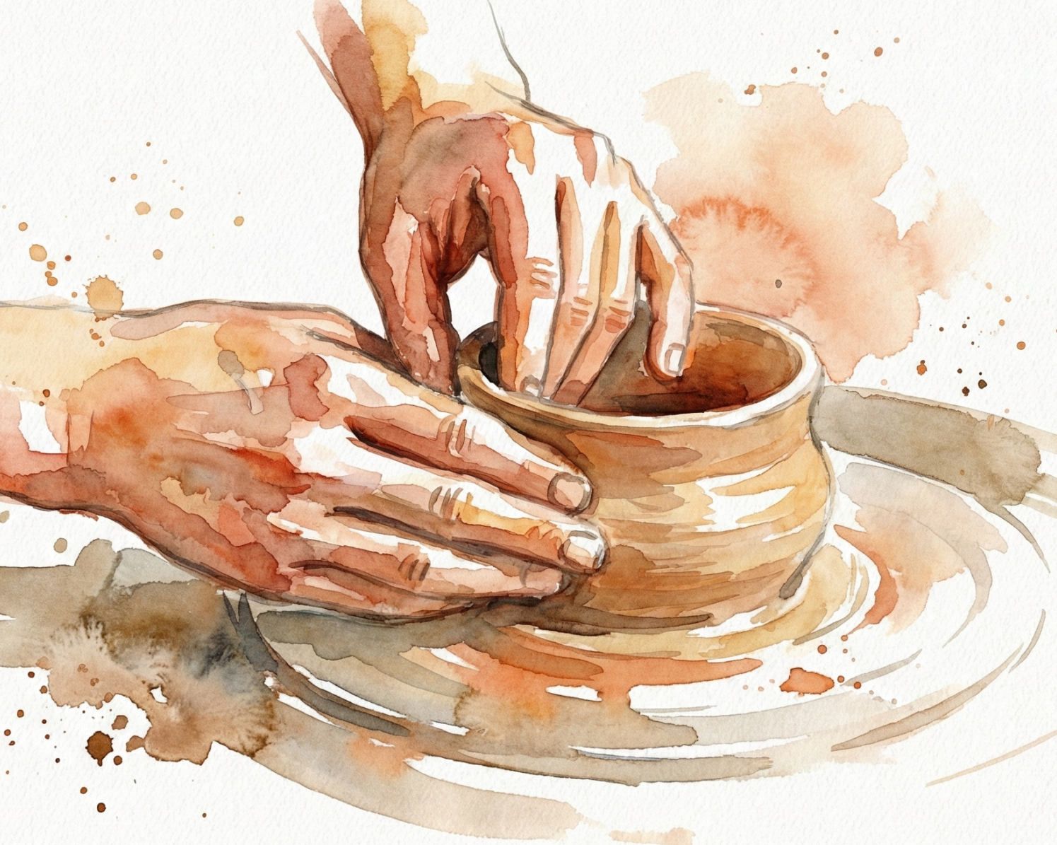 Illustration aquarelle de mains de potier façonnant l'argile, symbolisant la renaissance et la transformation personnelle à travers le coaching.