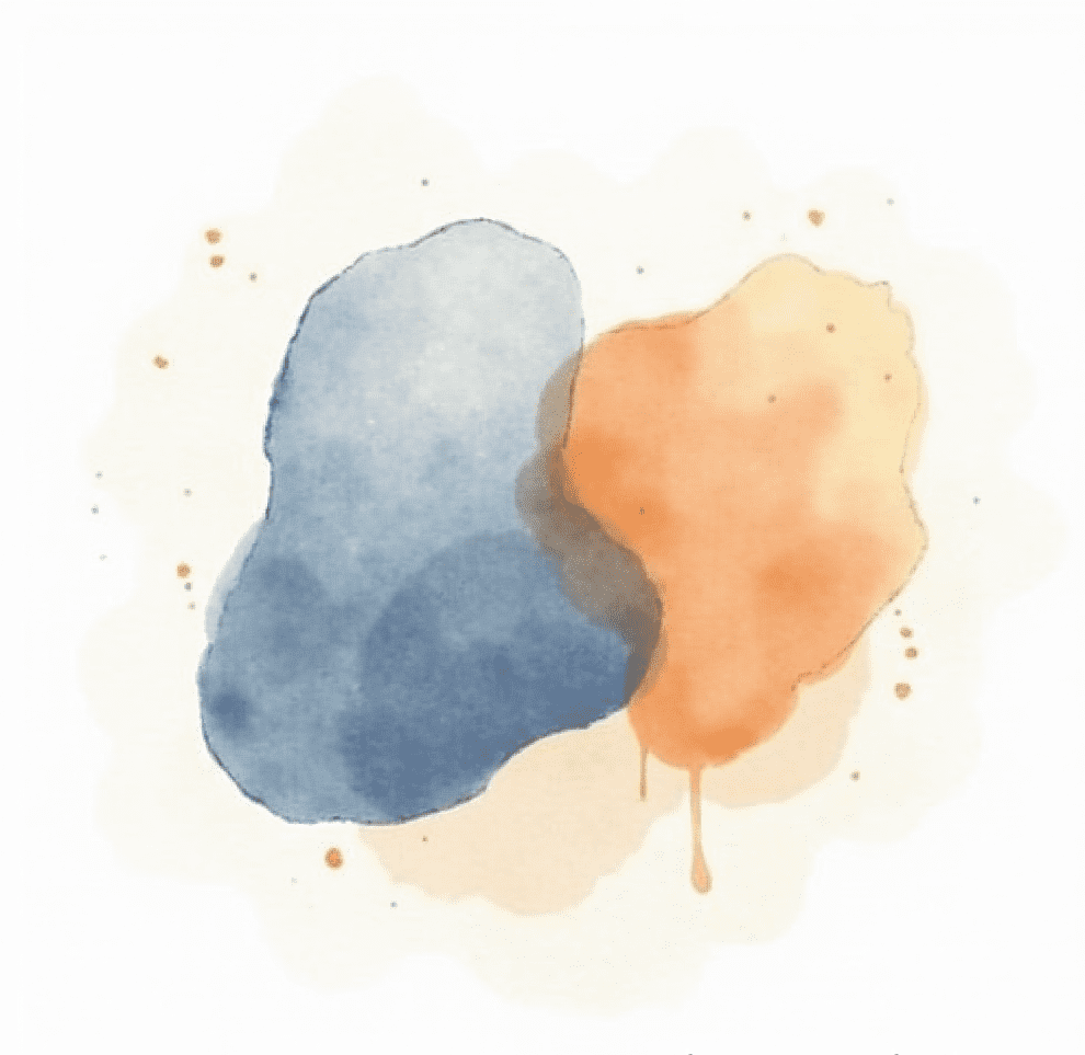 Dessin abstrait à l'aquarelle représentant la fusion entre intuition et structure dans la méthode de coaching.